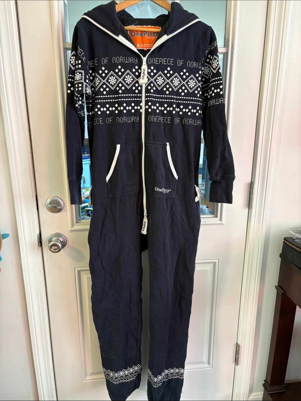 OnePiece Navy Hooded Zip Jumpsuit with White Nordic Pattern
